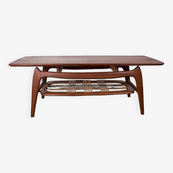Large Coffee Table, 2 levels, in Teak and Rattan by Louis van Teeffelen for WéBé 1960.
