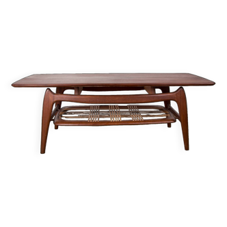 Grande Table basse, 2 niveaux, en Teck et Rotin par Louis van Teeffelen pour WéBé 1960.