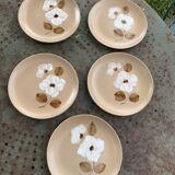 5 small stoneware dessert plates, handmade, moulin des loups, flower pattern, made in france