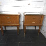 Paire de tables de chevet vintage en chêne et miroir