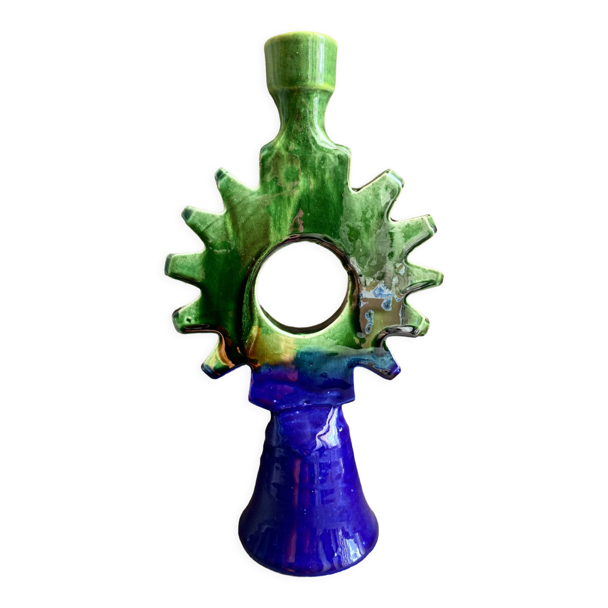 Sun candle holder in green and blue glazed terracotta