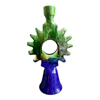 Sun candle holder in green and blue glazed terracotta