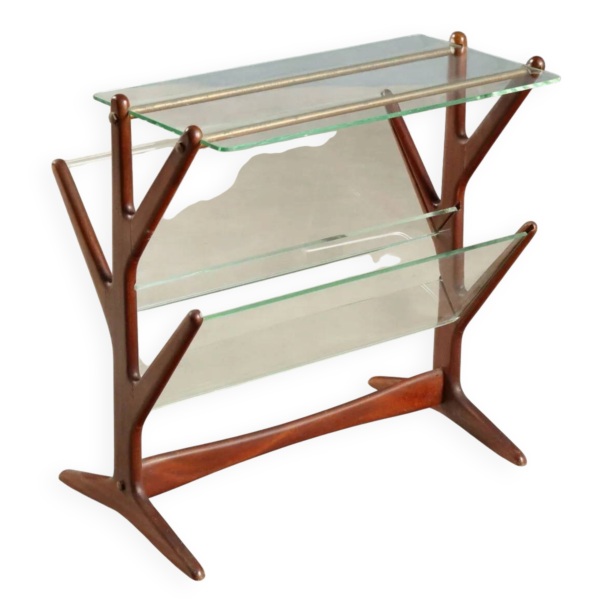 Vintage magazine rack in beech, glass and brass, Italian design from the 1950s.