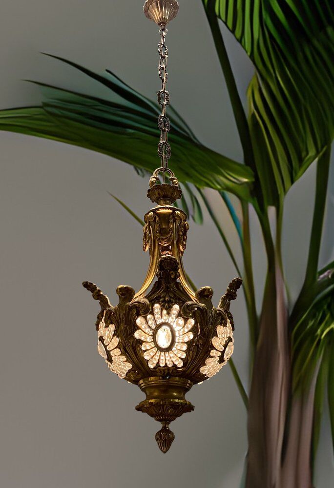 Vintage Bronze & Crystal Beaded Chandelier, 1950s