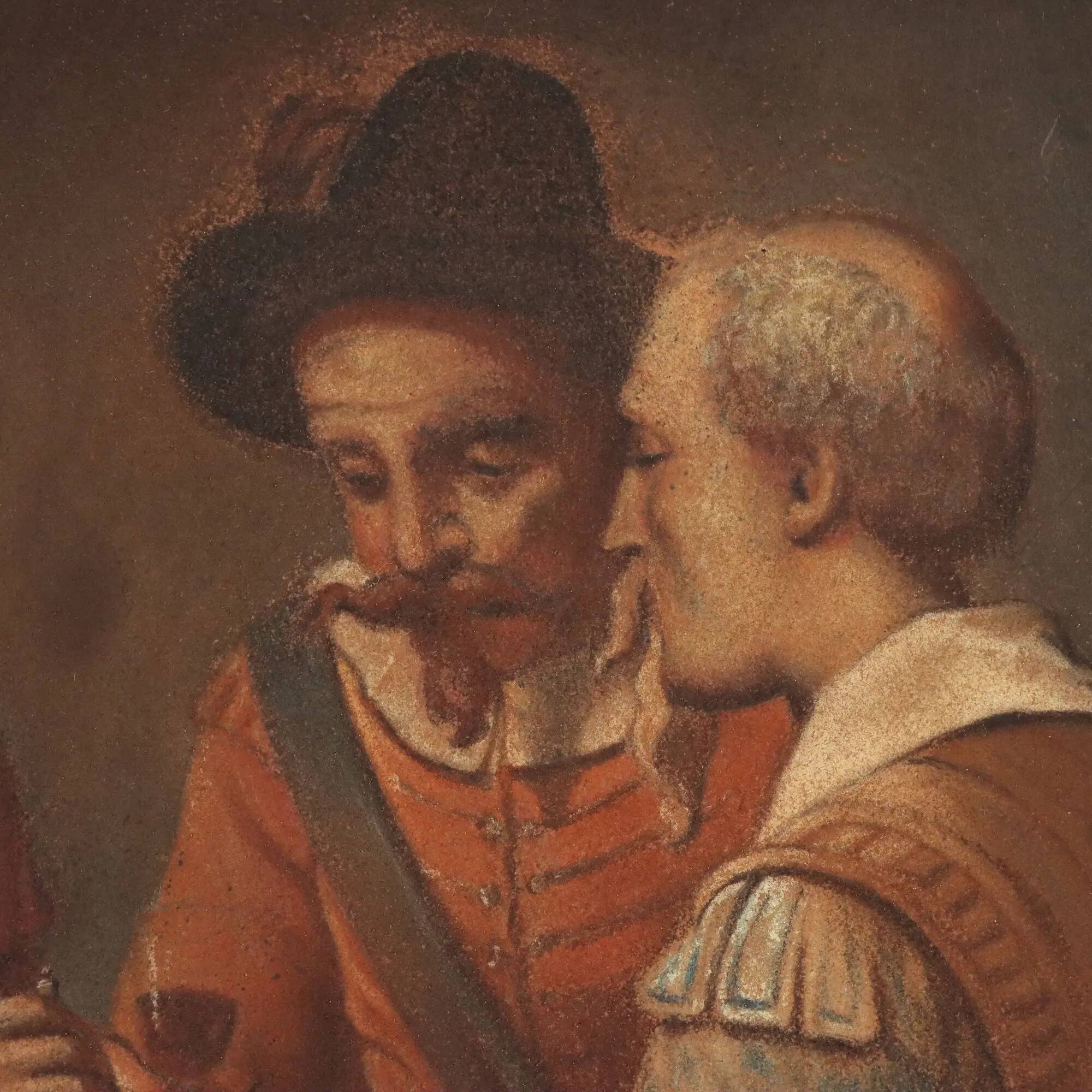 Old painting "The Chess Players" in pencil on paper, 19th century.