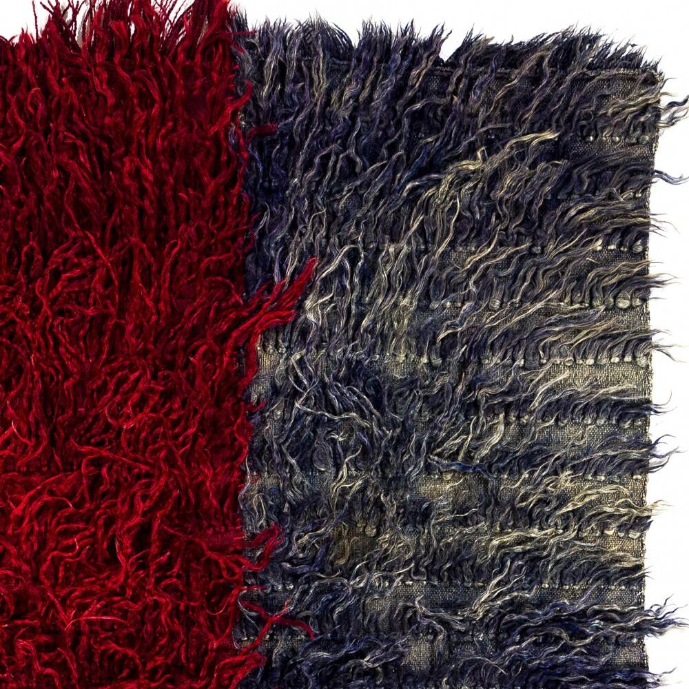 Vintage Hand-Knotted Tulu Rug with Green, Red and Navy Blue Color. 100% Mohair Wool