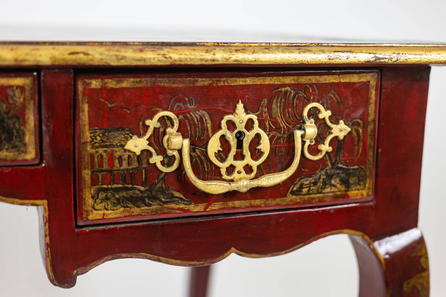 Louis XV style bureau plat with lake scene decoration. Circa 1800.