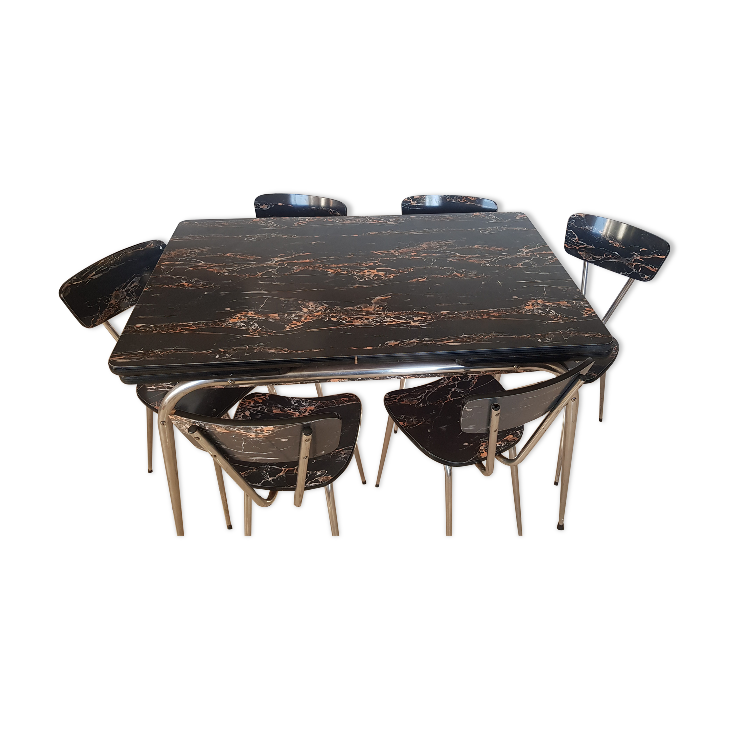Table and 6 chairs in black formica marble effect