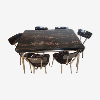 Table and 6 chairs in black formica marble effect