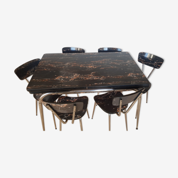 Table et 6 chaises en formica noir effet marbre