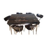 Table and 6 chairs in black formica marble effect