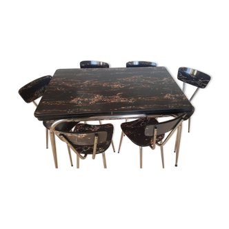 Table and 6 chairs in black formica marble effect