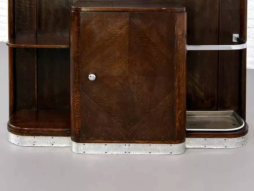 Art deco cloakroom coat rack in wood, mirror and chrome metal