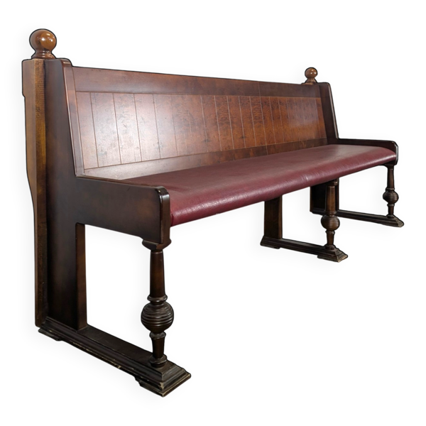 Banquette de brasserie Art Déco en chêne et loupe assise skaï bordeaux 220 cm