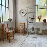Pair of straw and pine chairs, mountain furniture