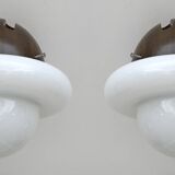 Pair of Mid-Century Modern Italian Opaline Glass and Wood Sconces, 1960s