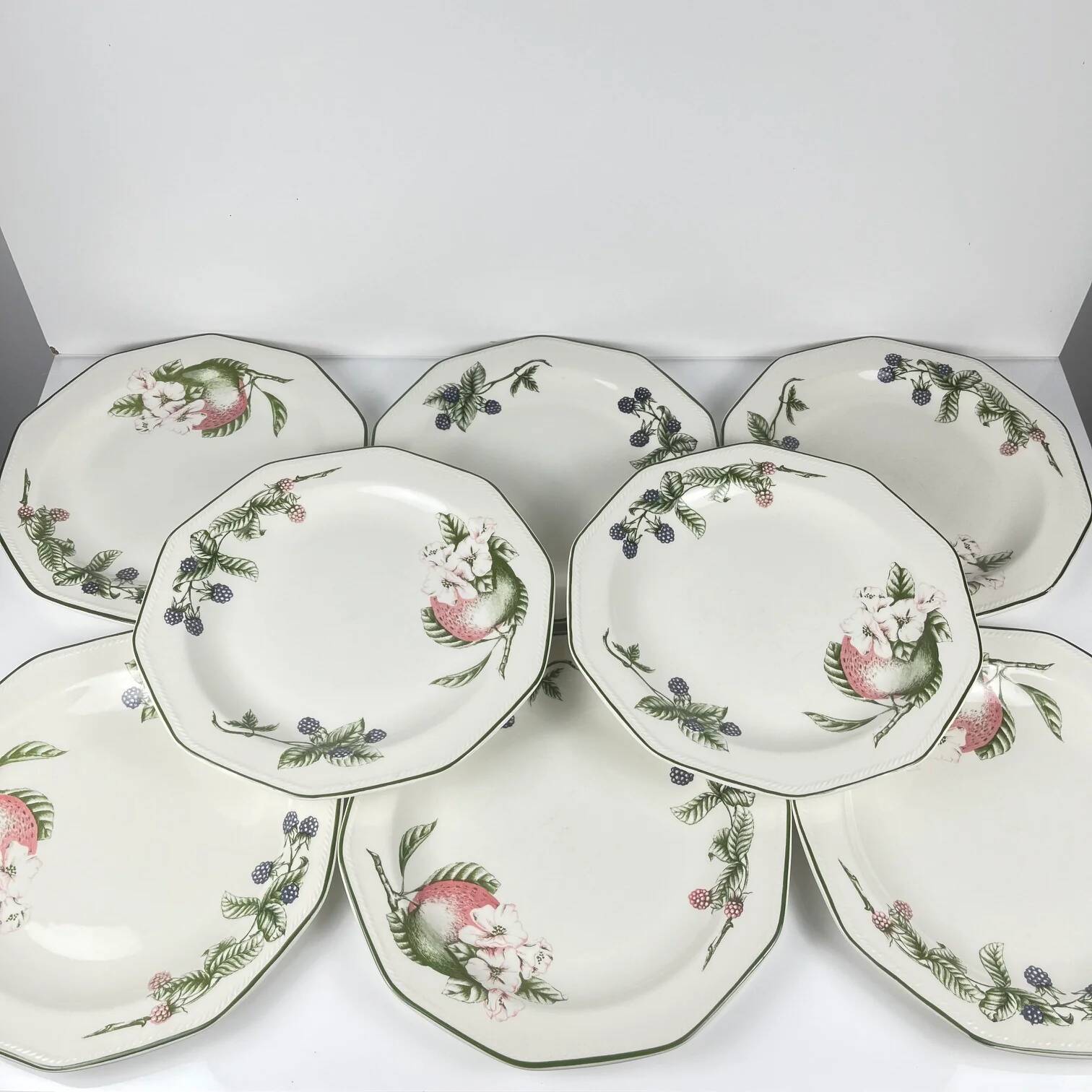 Set of 8 flat plates by Churchill, "Victorian Orchard" model, Staffordshire, England.