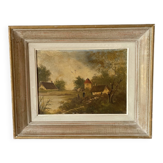 Peinture ancienne sur toile encadrée , campagne