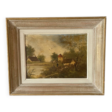 Old painting on framed canvas, countryside