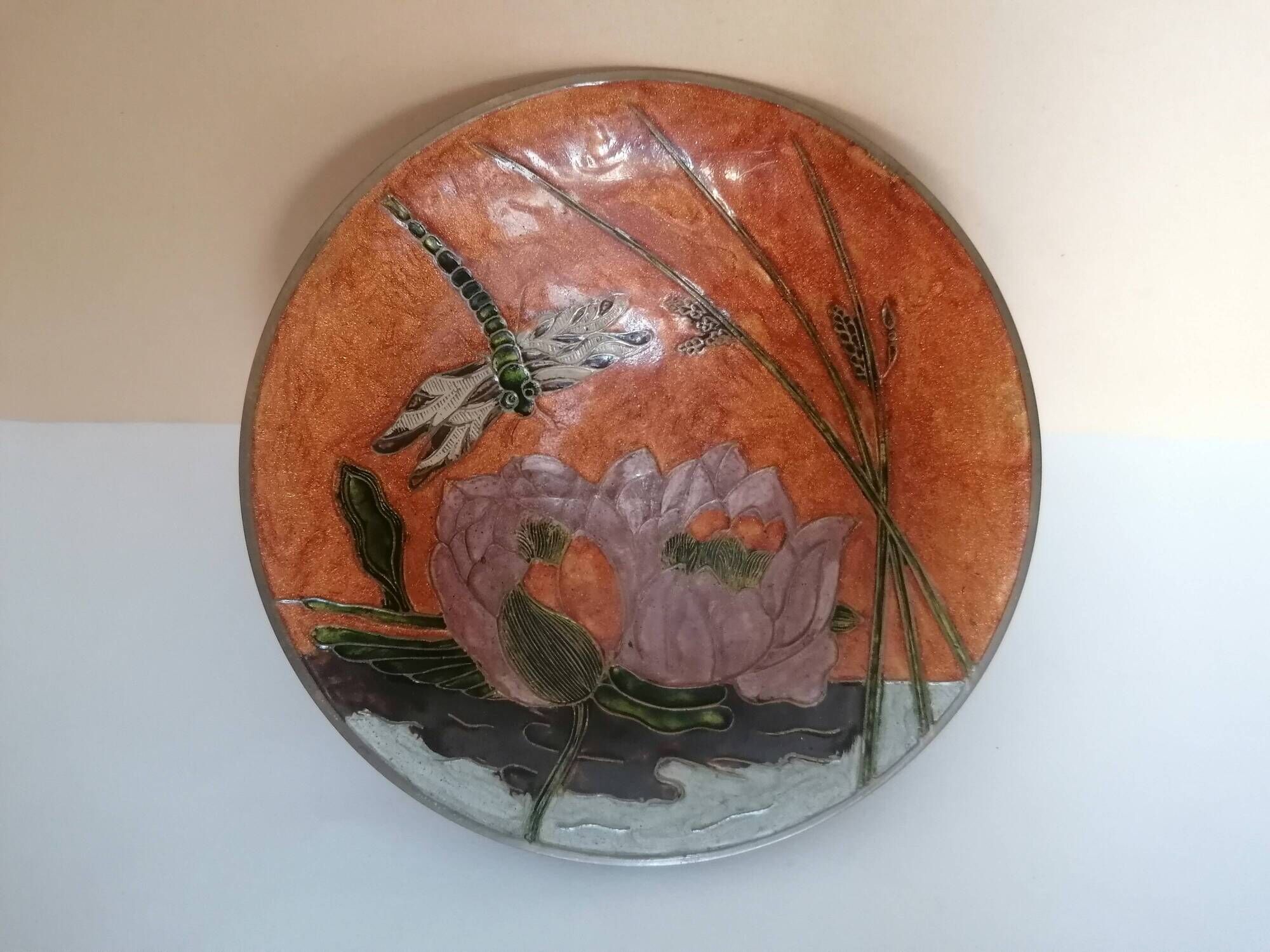 Enamelled brass compote with dragonfly decoration.
