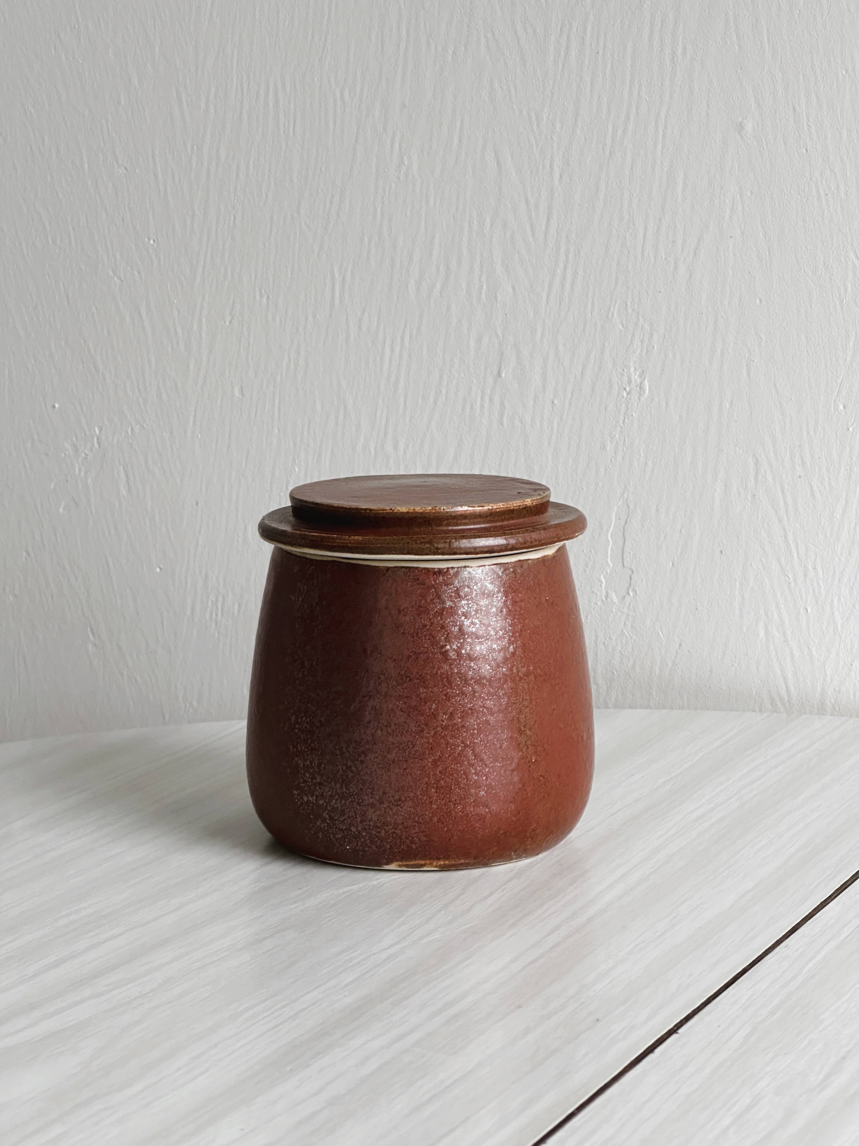 Antique butter dish in burgundy glazed stoneware