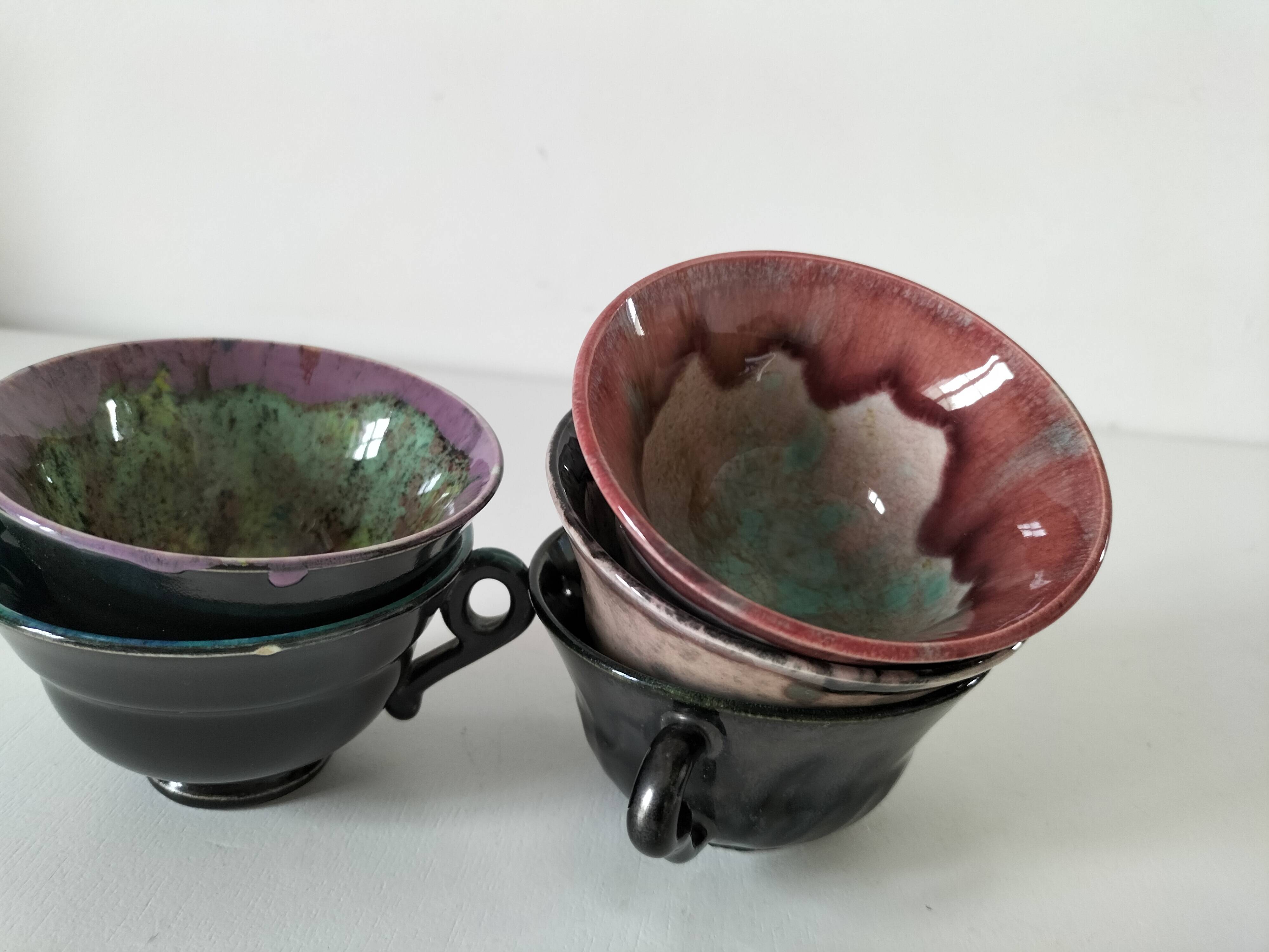 5 tasses Gaubier Morvan grès émaillé flammé multicolore