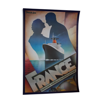 Affiche French Line Paquebot France Compagnie Générale transatlantique - Original - Signé