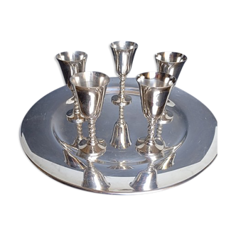 Silver metal dish / tray + 5 glasses
