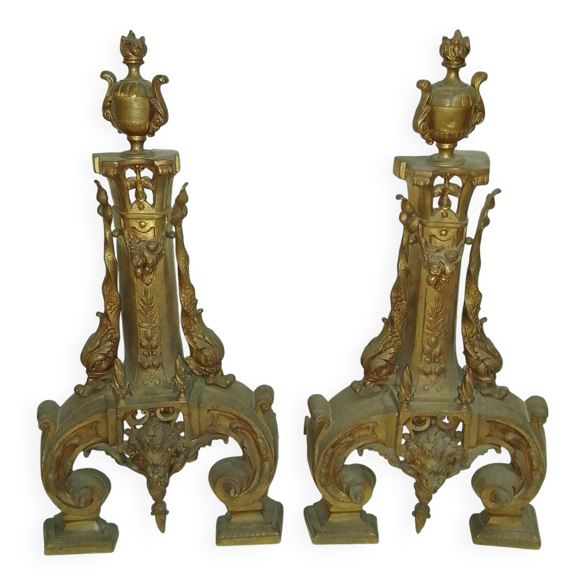 2 Bronze Fireplace Andirons 19th Century
