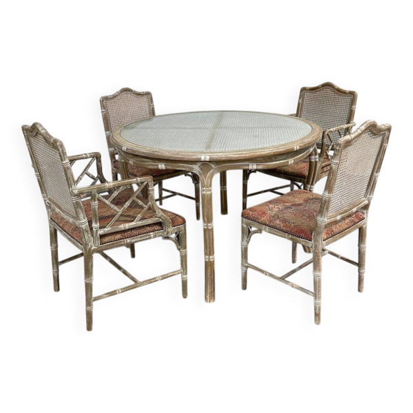 Ensemble de salle à manger vintage en faux bambou avec tissu d'origine, années 1980.