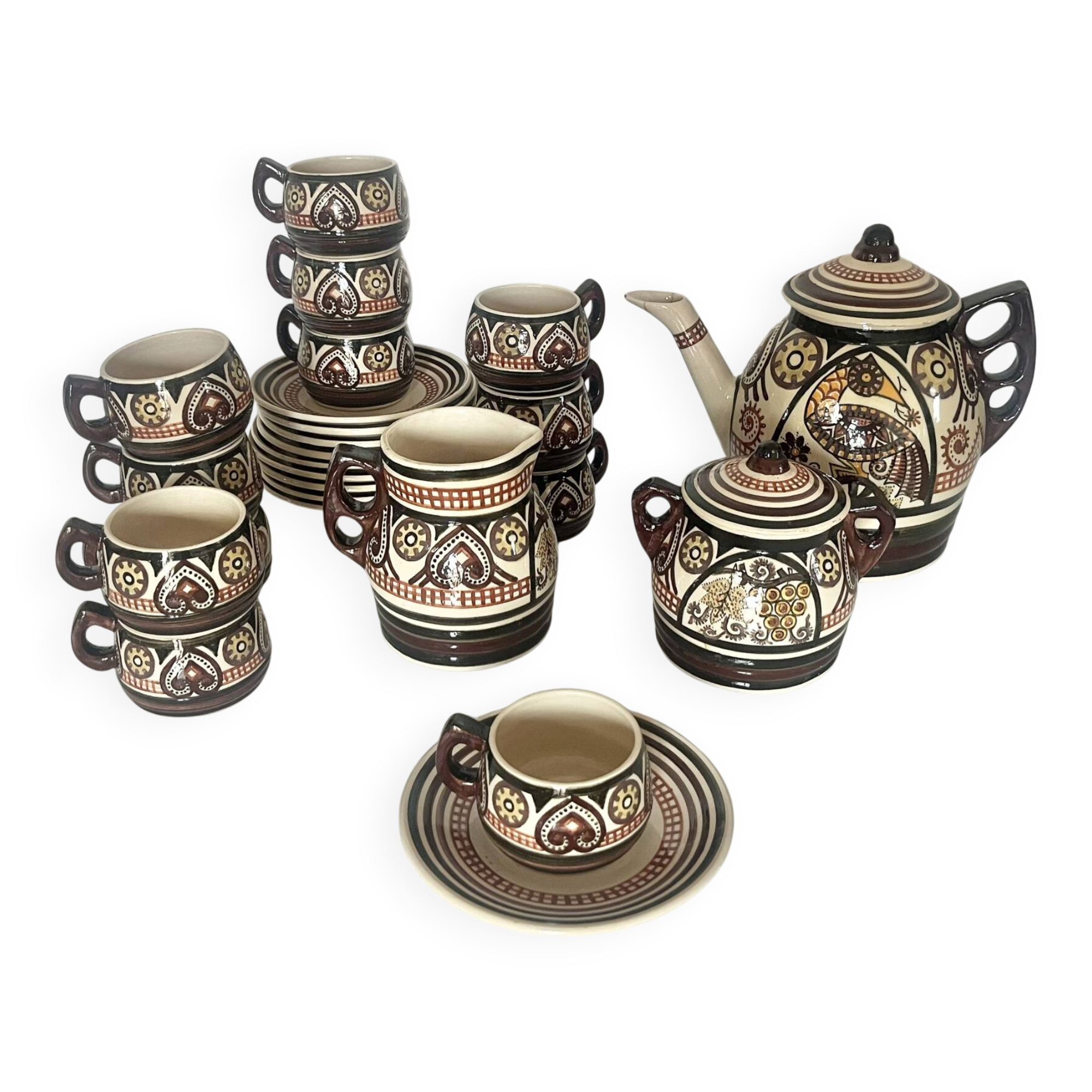 Antique tea and coffee service signed Paul Fouiffen Quimper