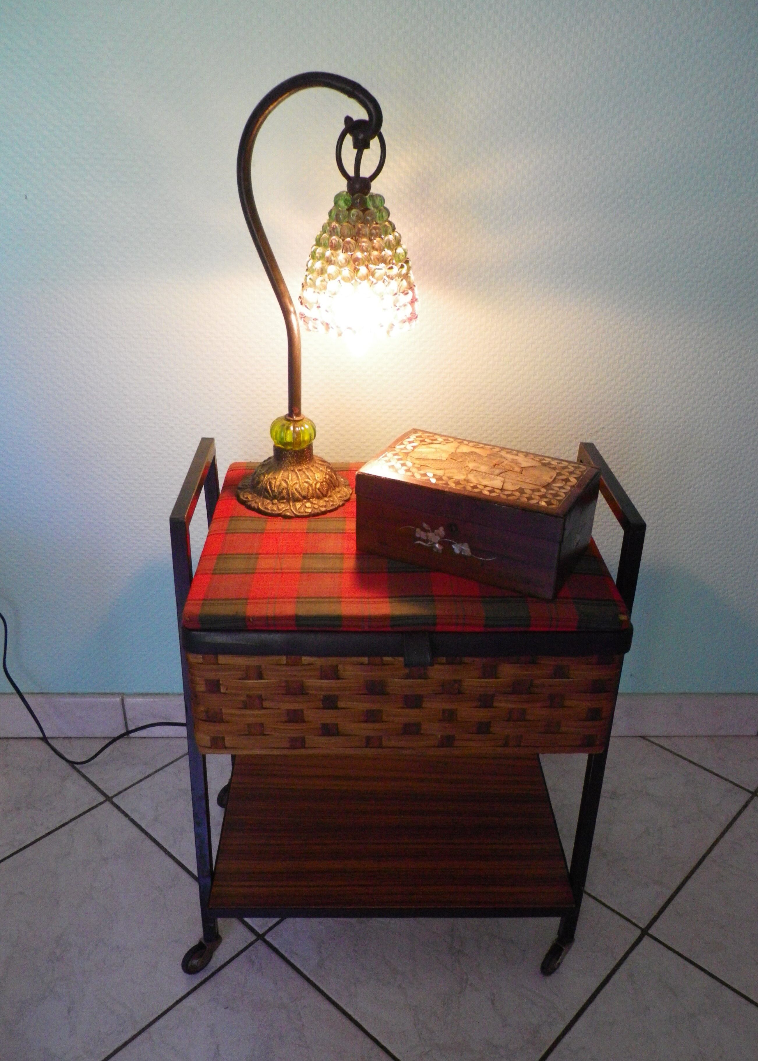 Vintage worker on wheels, rattan, fabric, skaÏ, metal with formica shelf