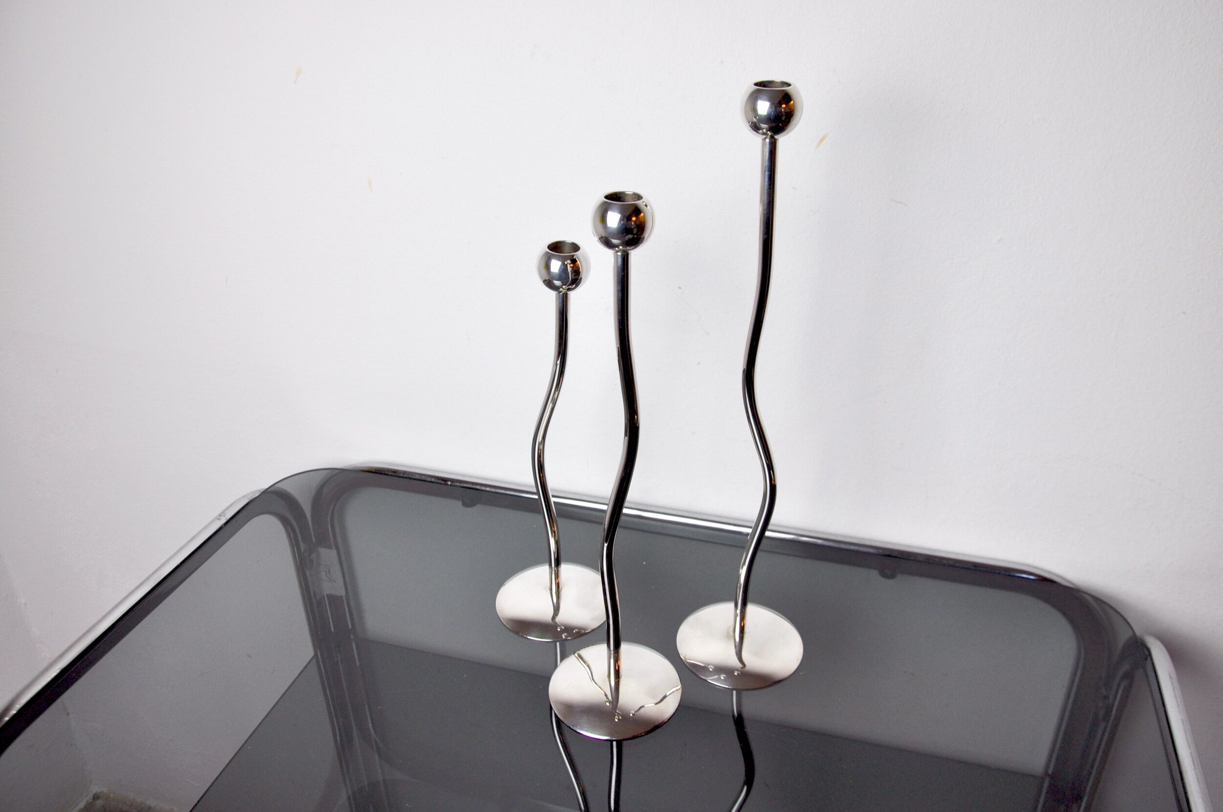 Trio of silver metal candle holders by Mesa, Italy, 1980