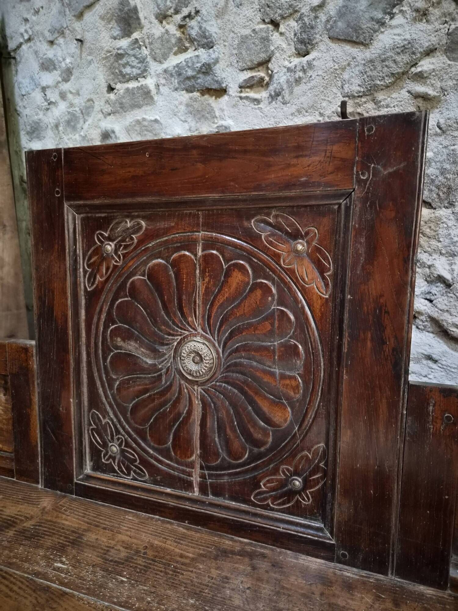 Old French popular art bench from Auvergne, circa 1800–1850