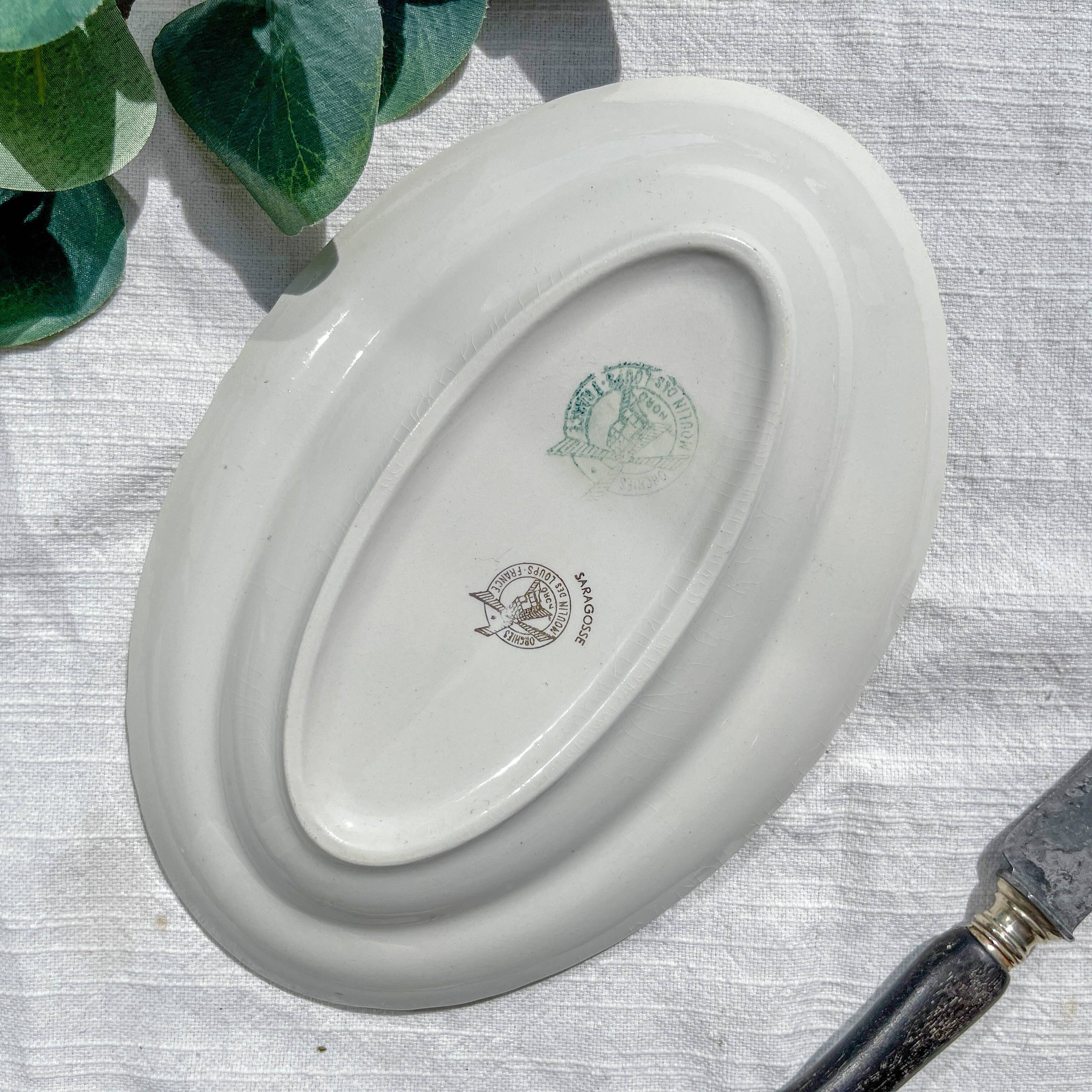 Vintage white and green porcelain dish Iris Moulin des Loups "Sargosse" 1950s