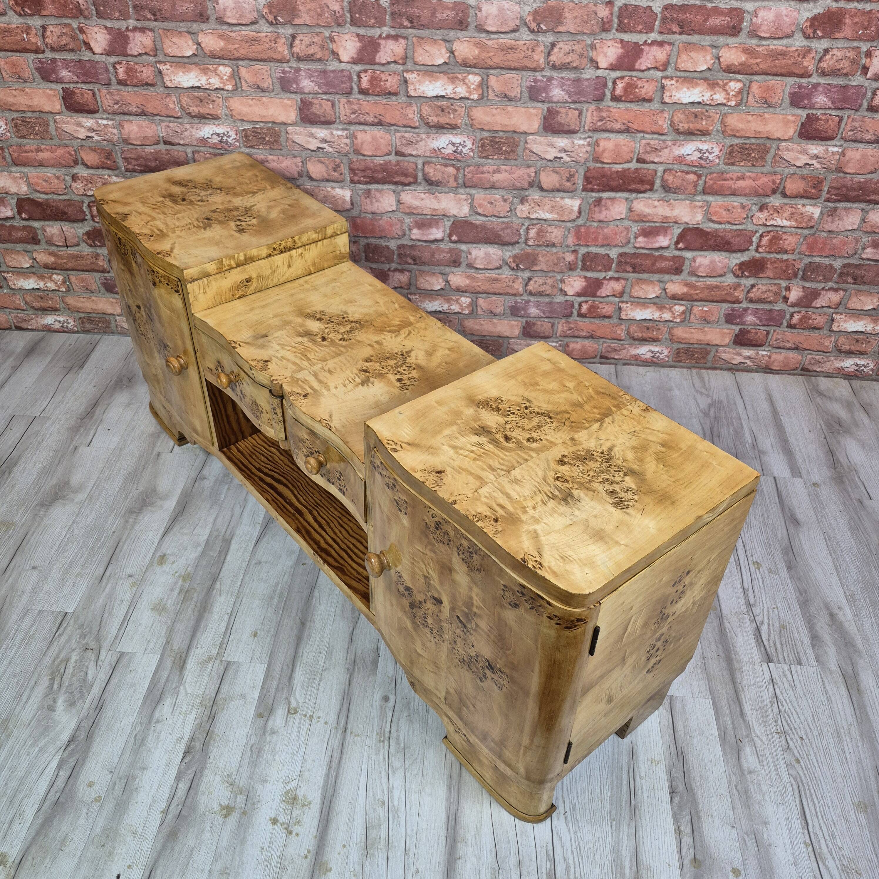 Rare Low Art Deco Blonde Burl TV Console Sideboard - 1930s Fully Restored