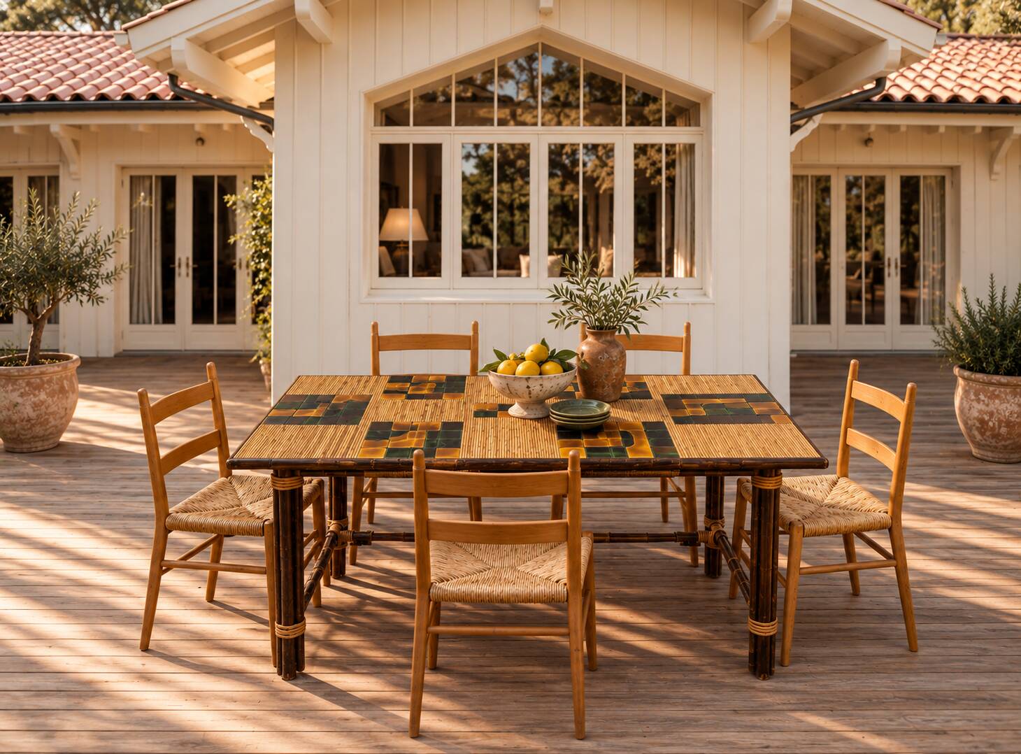 Dining table in stained rattan, bamboo and ceramic - audoux & minet