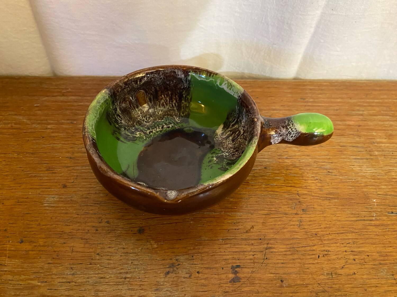 Poêlon vide poche ancien vallauris céramique verte marron caquelon vin