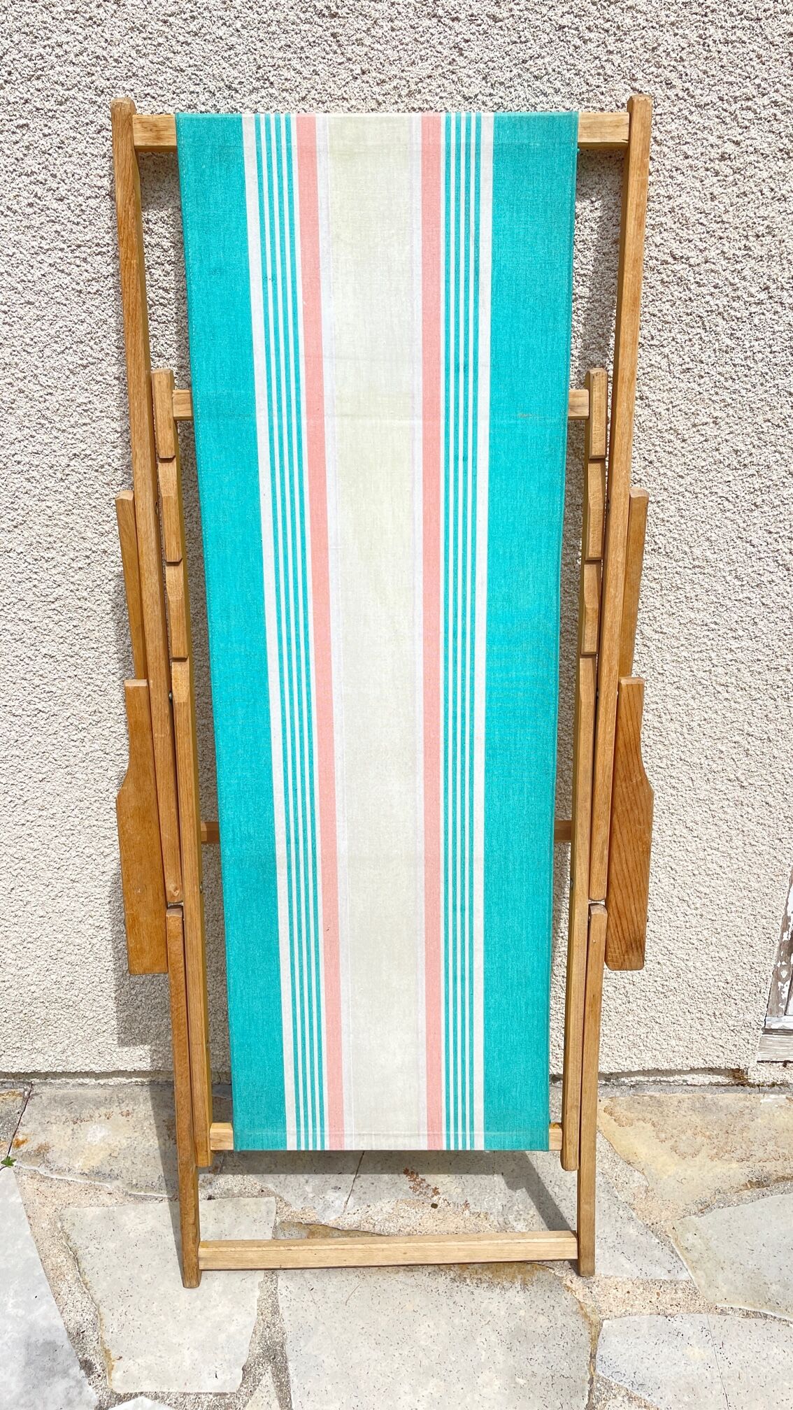 Transat pliant en bois et toile vintage