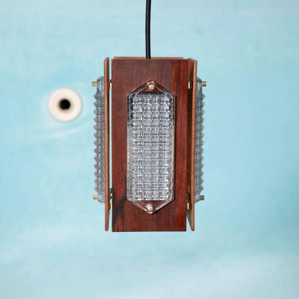 Vintage wooden and glass suspension Flygsfors Facette, glass lamp.