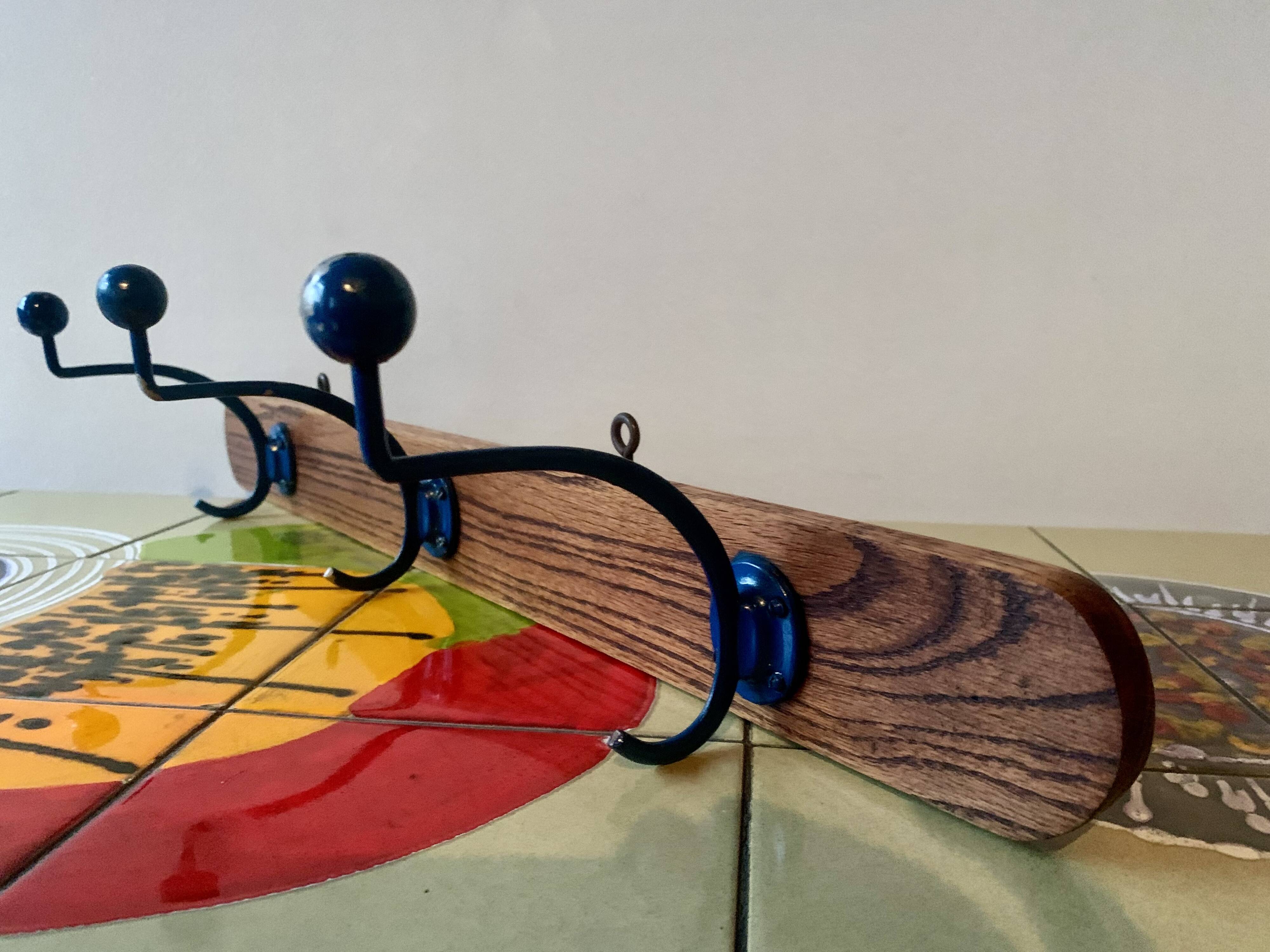 Vintage wooden wall coat rack - triple coat hook with blue metal balls
