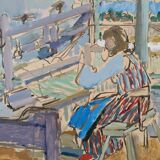Peinture à l’huile suédoise vintage « The Loom » du milieu du siècle, figure dans un intérieur