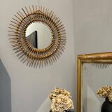 Miroir soleil vintage en rotin