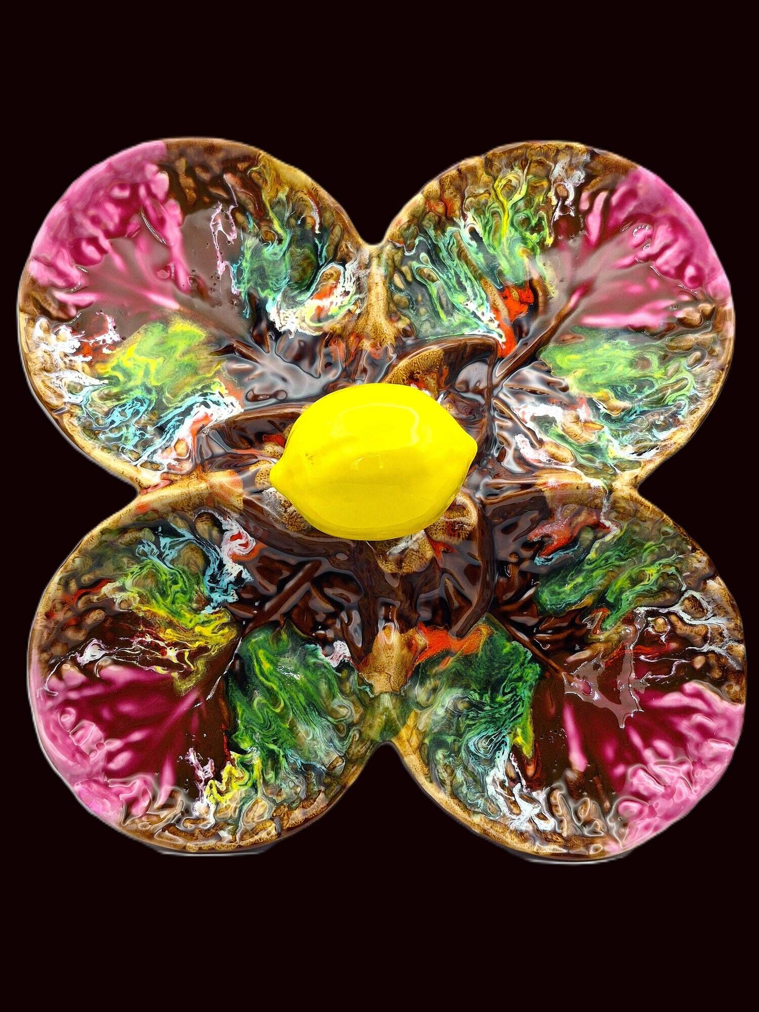 Vintage Vallauris A.M. plate – quadrilobed enamelled bowl with lemon – 50s