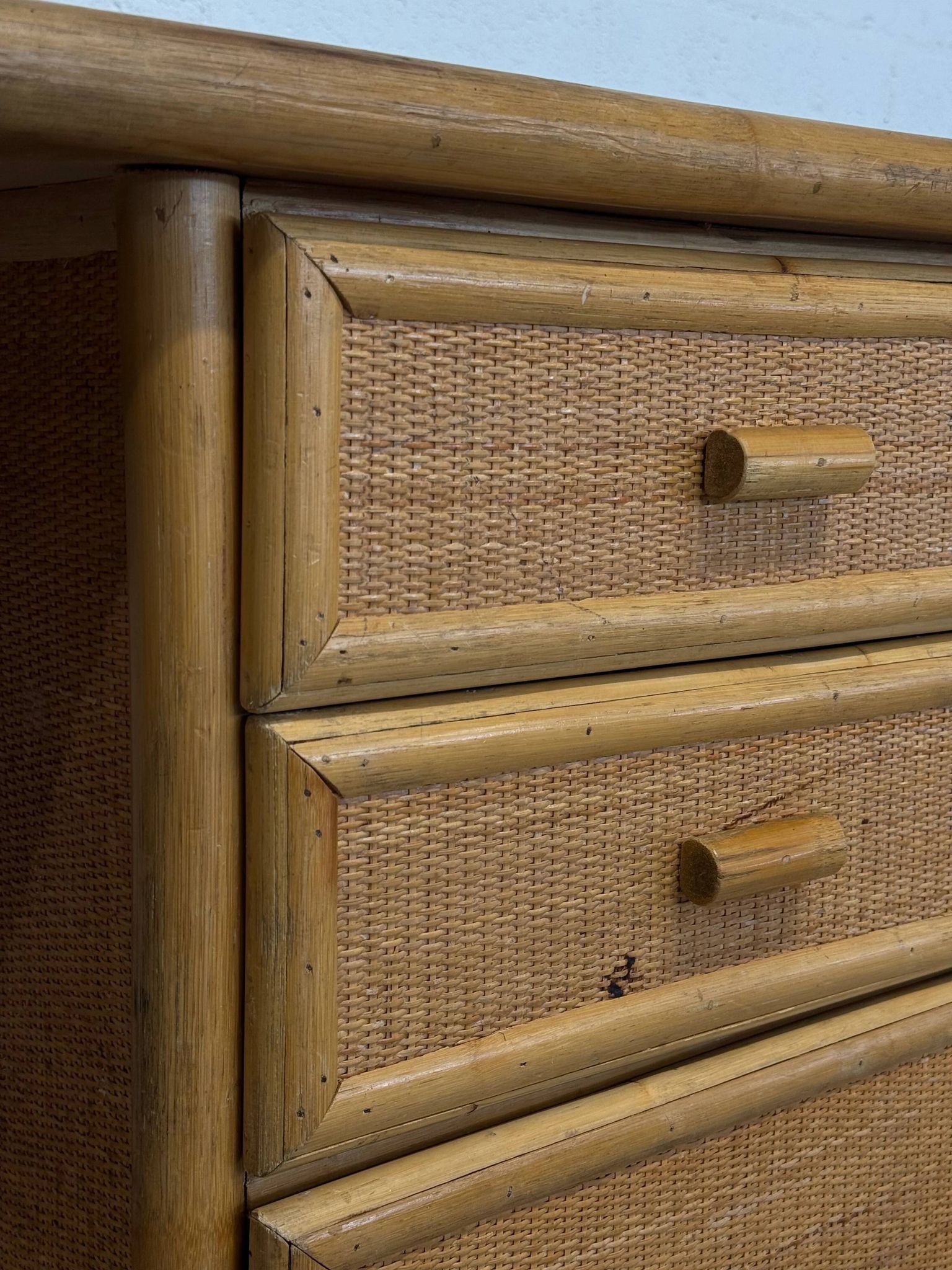 Vintage bamboo and woven rattan desk — glass top