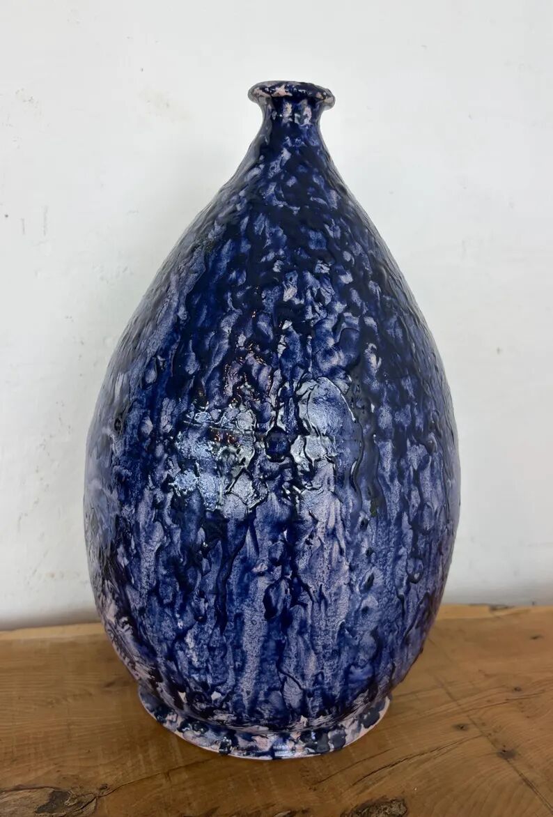 Vintage Mid-Century Studio Art Pottery Cobalt Blue Textured Glaze Teardrop Vase