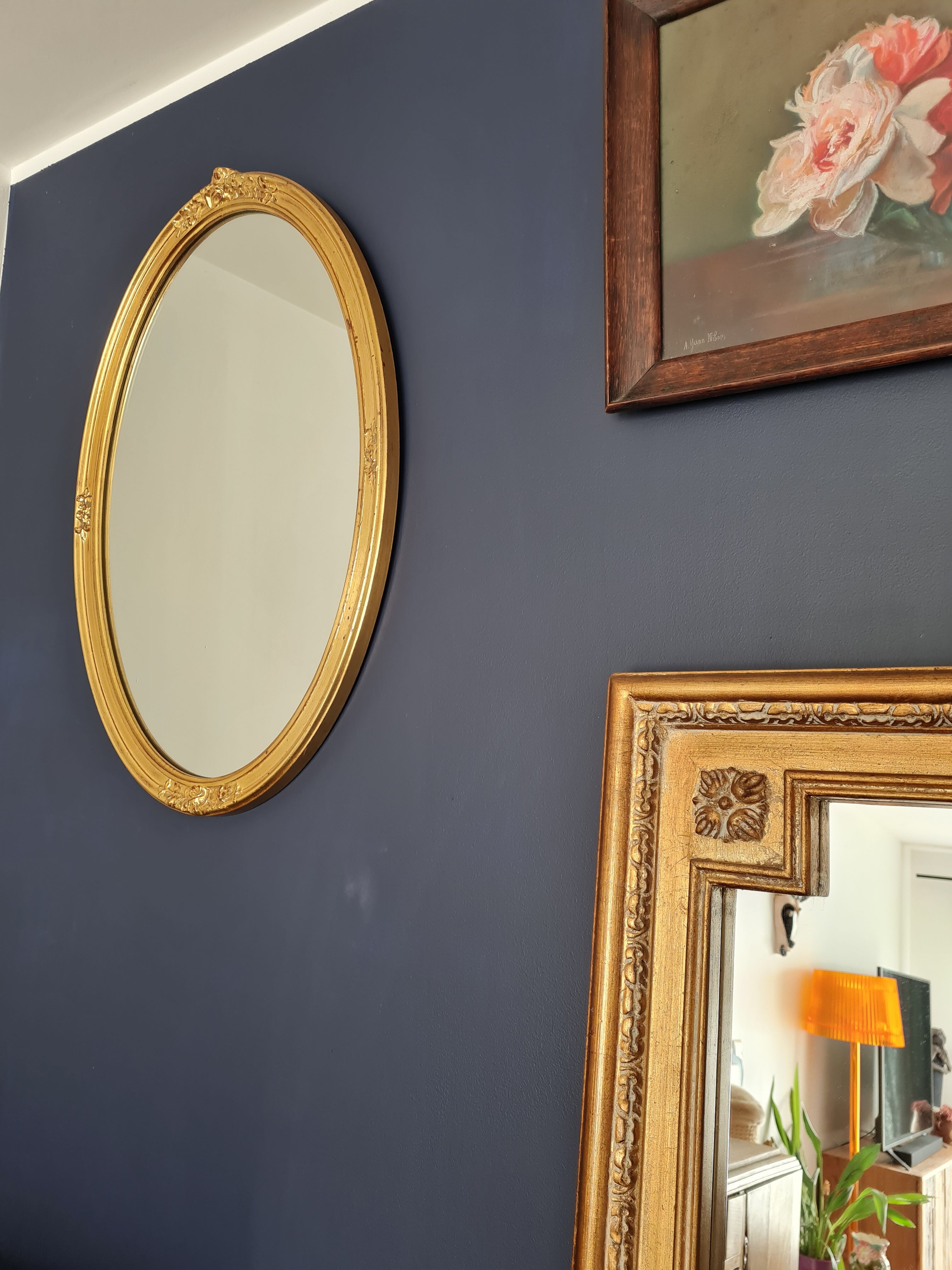 Large oval mirror gilded wood with red plate 44x66cm