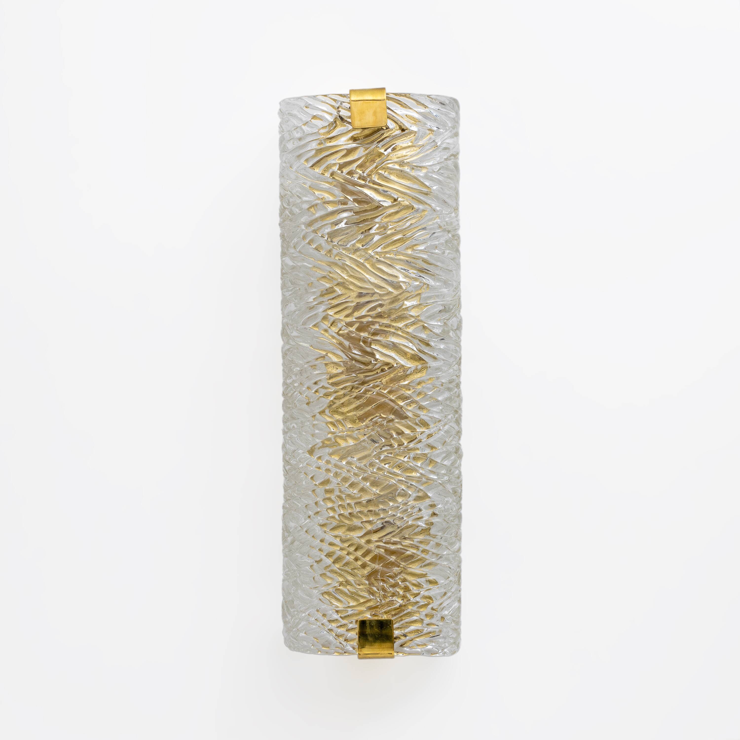 Pair of Modern Italian Brass and Murano Glass Textured Wall Sconces