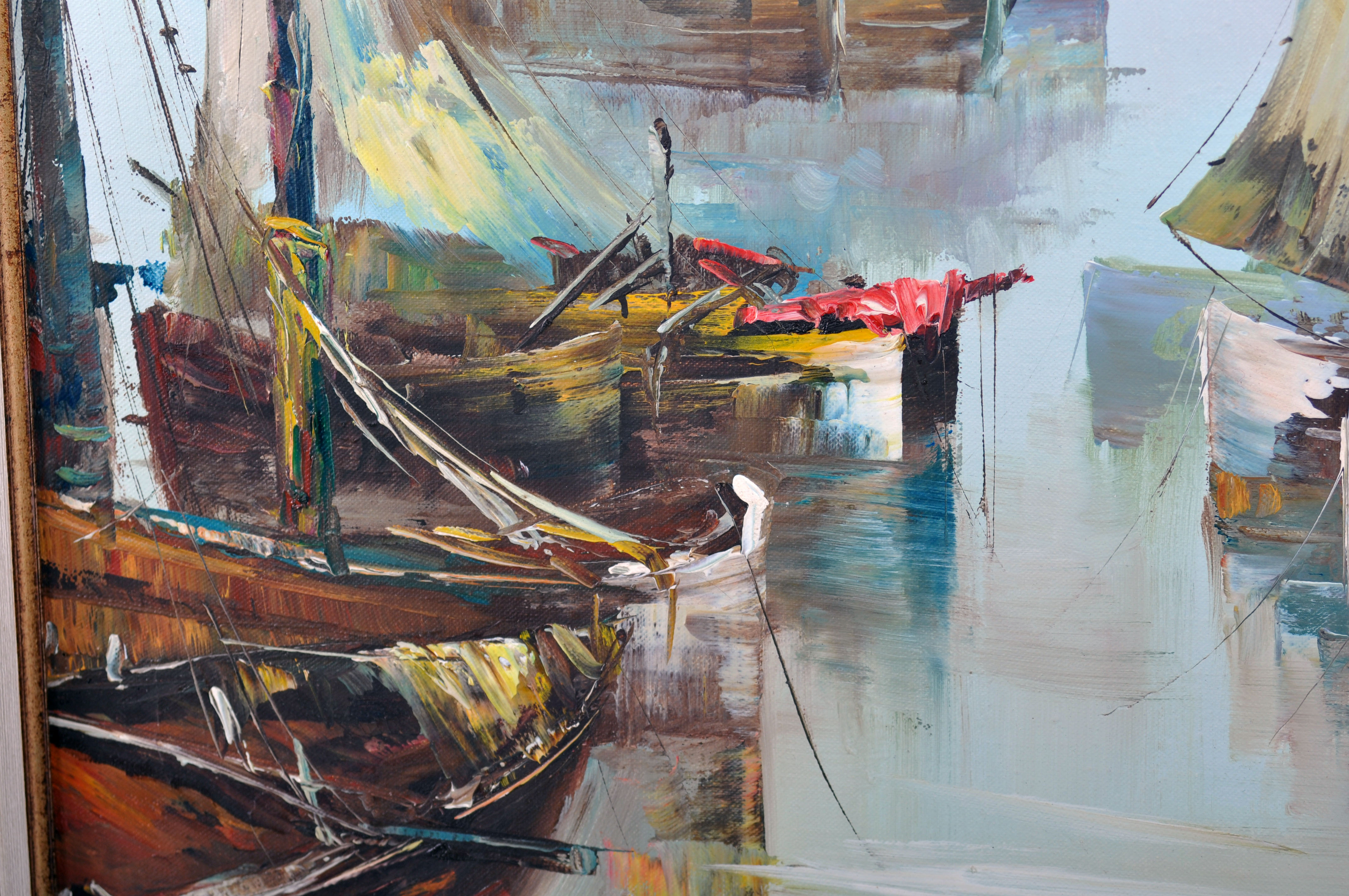 Marine painting, fishing boat in port