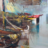 Marine painting, fishing boat in port